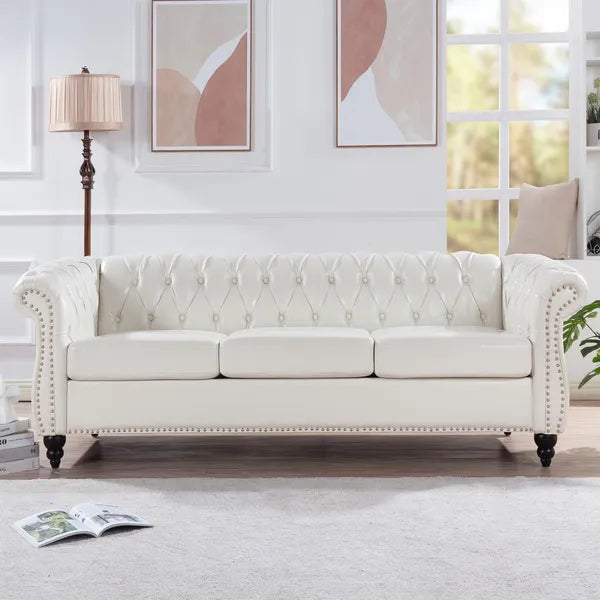 White Chesterfield Rolled Arm 3-Seater Sofa with Black Legs